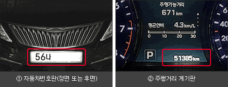 자동차번호판(정면 또는 후면), 주행거리 계기판