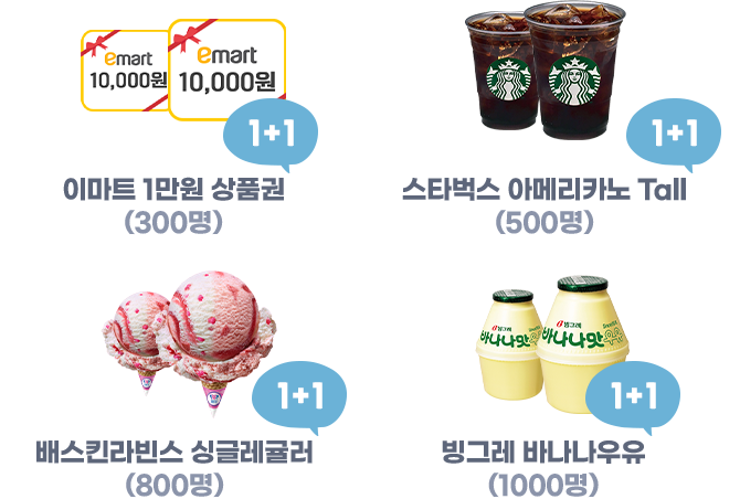 이마트 1만원 상품권1+1(300명), 스타벅스 아메리카노 Tall1+1(500명), 베스킨라빈스 싱글레귤러1+1(800명), 빙그레 바나나우유1+1(1,000명)